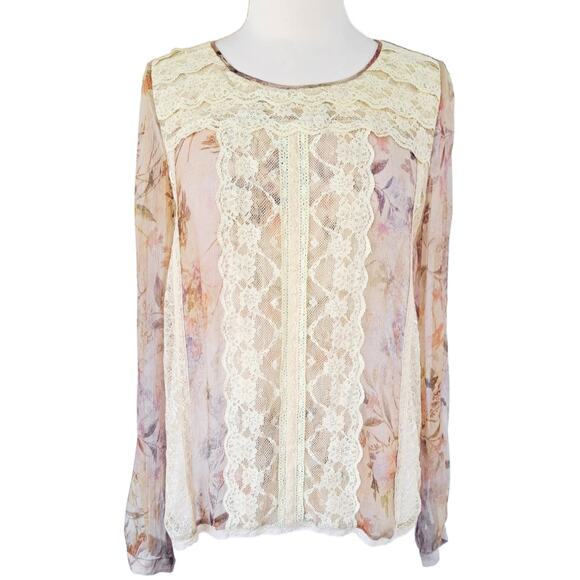 HAUTE HIPPIE Silk Chiffon Floral Print Blouse Lace Inset Sheer Top Size Medium - Picture 1 of 8